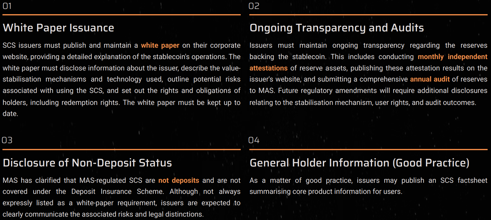 MAS stablecoin issuer disclosure requirements including white paper issuance, transparency and audits, non-deposit status disclosure, and general holder information.